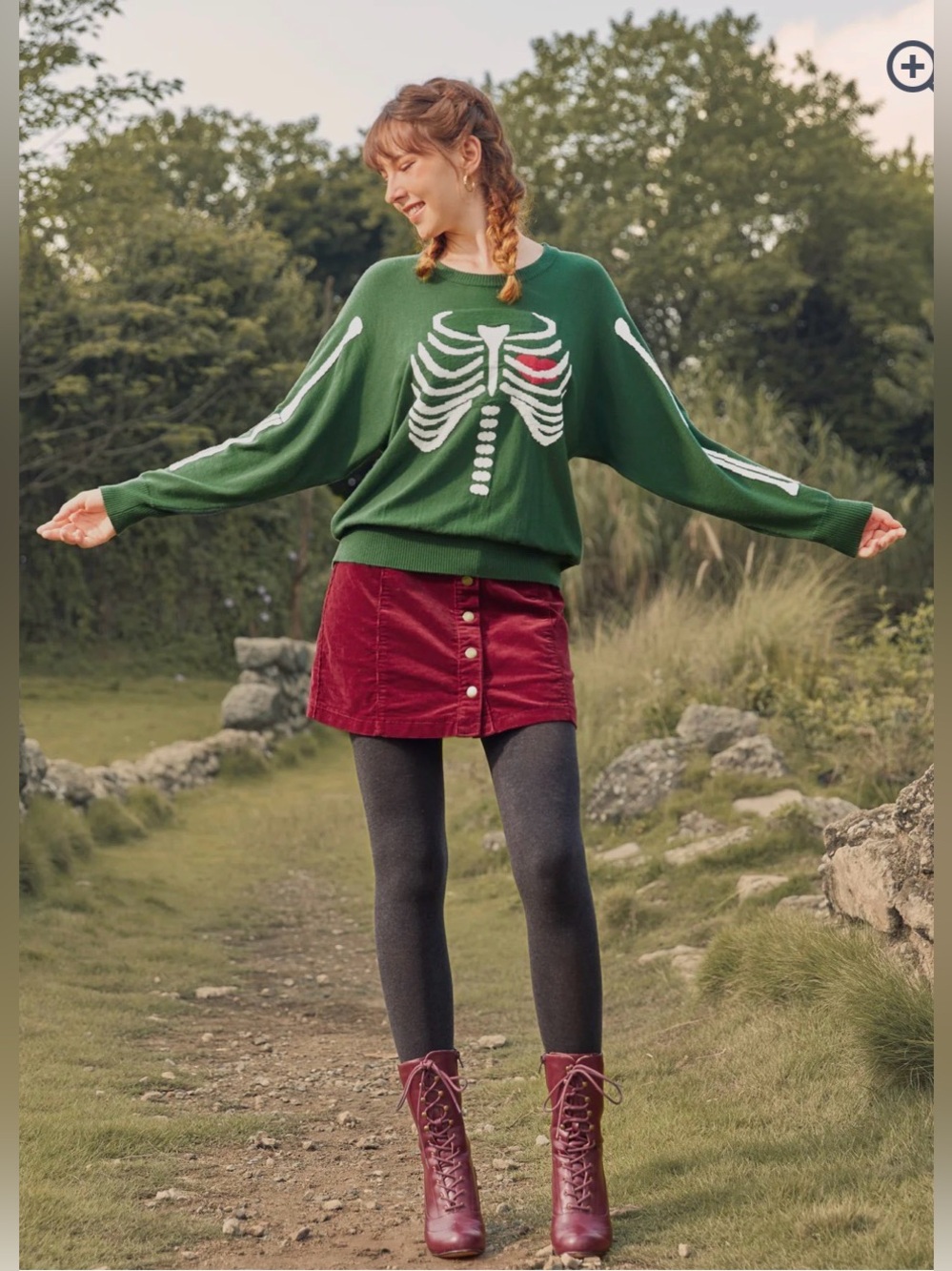 🆕 ModCloth Forest Green Crewneck Sweater with White Ribcage and Red Heart Detail